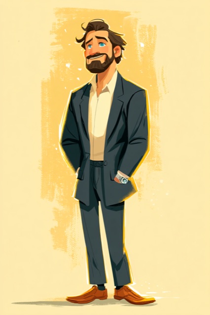 Dad, a warm bearded father in a navy suit